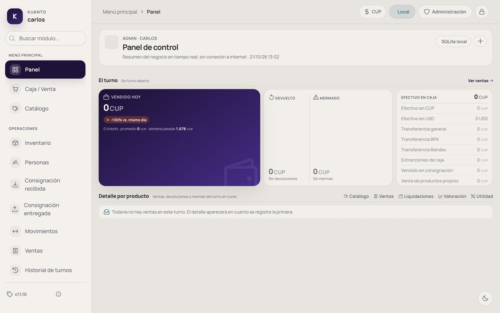 Panel de control con ventas del turno, devoluciones, mermas y efectivo en caja.