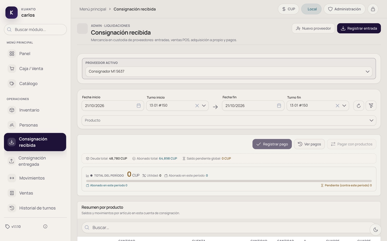 Consignación recibida con deuda total, abonos y saldo pendiente del proveedor.